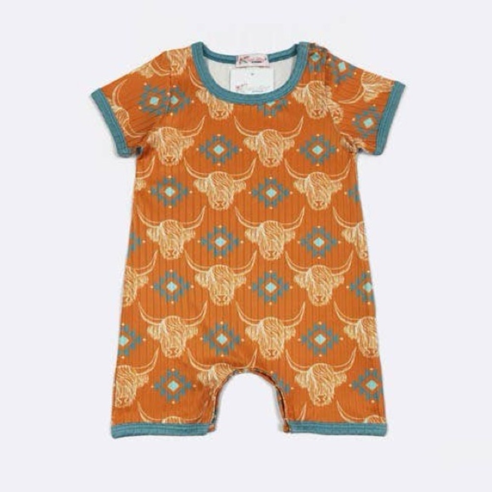NWT Copper Highland Cow Romper Orange and Teal Patterned Baby Romper